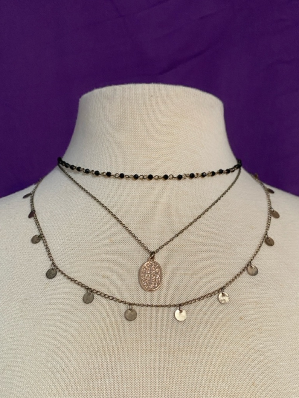 Layered Gold-Tone Coin & Black Beaded Necklace with Cross Pendant